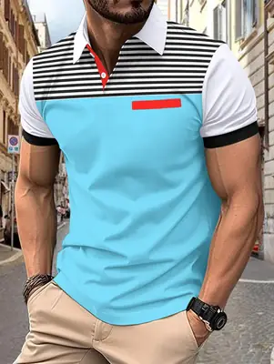 Men's Navy Striped Polo Shirt with Red Pocket