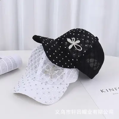 Women's Pink, White & Black Mesh Baseball Caps with Rhinestone Flower