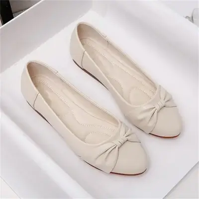 Women's White Bow Flat Shoes Soft Leather