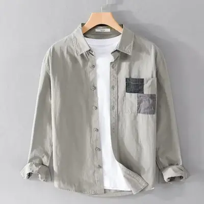Men's Light Gray Button Shirt with Patch Pocket