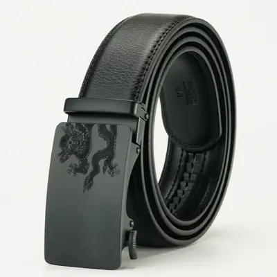 Men's Black Leather Belt with Dragon Embroidery