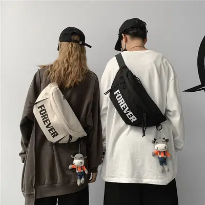 Men's Black Instagram Brand Chest Bag with "FOREVER" Print
