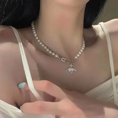 Saturn Pin Necklace with Diamond Charm for Women