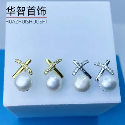 X-Shape Pearl Earrings for Women Gold Plated