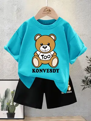 Blue Bear Print Cotton T-Shirt for Boys Summer Wear