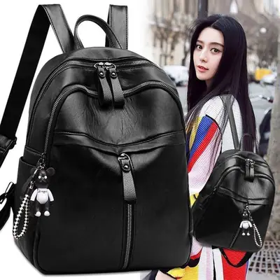 Women Korean Style Black PU Leather Shoulder Crossbody Backpack