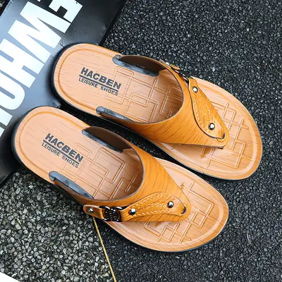 Men's Tan Leather Flip-Flops Summer 2024
