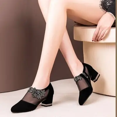 Summer New Hollow Sandals Women's Frosted Rhinestone Round Toe Korean Style Thick Heel Single-layer Shoes Mid Heel Large Size Mesh Sandals