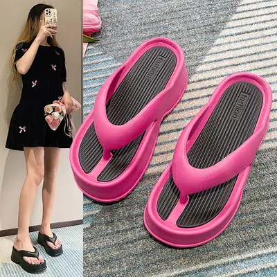 Pink Thick Bottom Flip Flops Summer 2024 Non-Slip EVA