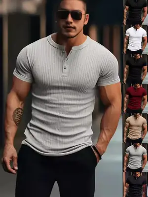 Men White Knitted Short Sleeve Henry Shirt Summer Wear