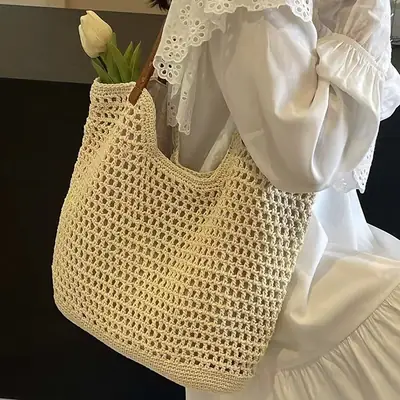 High-End Cotton Straw Bag for Women New Handmade Large Capacity