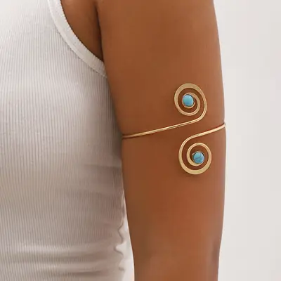 B2562 European and American hollow crescent metal open arm ring bracelet women's retro ethnic spiral turquoise bracelet