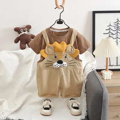Children Cotton T-Shirt Shorts Set Brown Cat Print Summer