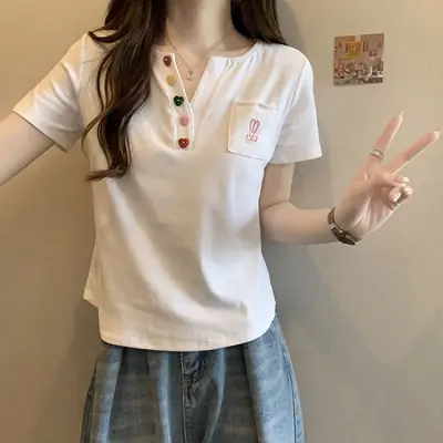 Plus Size Korean Style V Neck Right Shoulder Short-Sleeved T-Shirt for Women 2024 Summer New Fat mm Loose Short Top for Small People