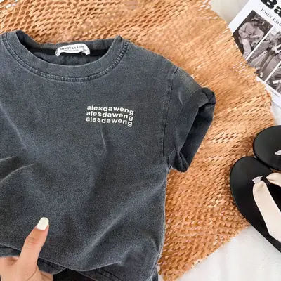 Boys Cotton Short Sleeve Grey T-Shirt with "Jiendeng Wang" Print