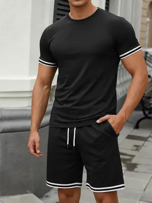 Men Grey Crossbody Shorts Set Summer Loose Sports Casual Round Neck