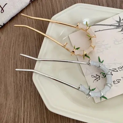 Women's U-shaped Hairpin with Bamboo Green Handles