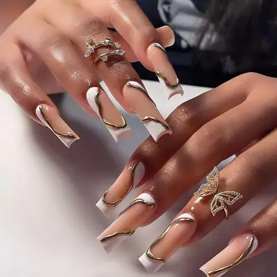 3D French White Nail Art Long White Wave Gold