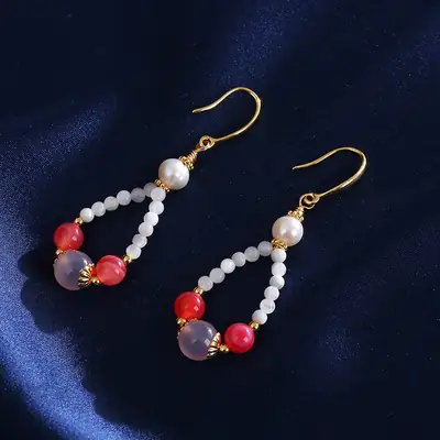 Natural Pearl Earrings Drop Shape Salt Source Agate Antique Gold