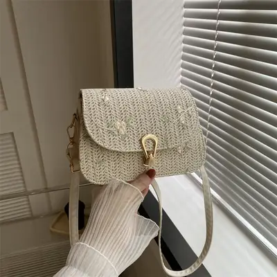 2024 Vintage Straw Textural Crossbody Bag White