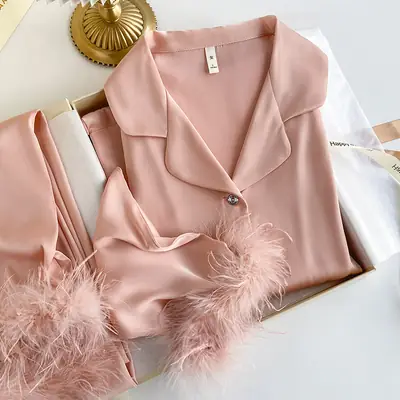 Women's Pajamas with Detachable Feathers, Ice Silk, Satin, Long Set, Suitable for Both Indoor and Outdoor Wear