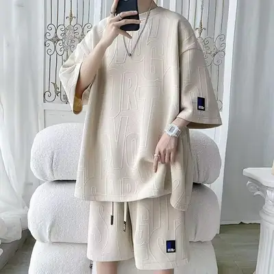 Men's White Jacquard Loose Summer Suit with Shorts
