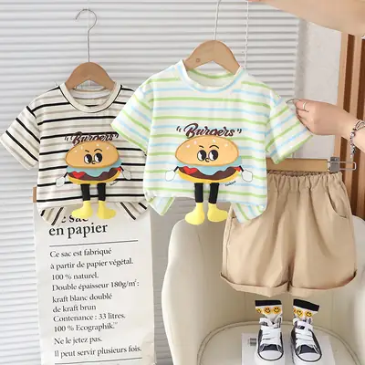 Kids Cotton Striped T-Shirt Set with Graphic Print