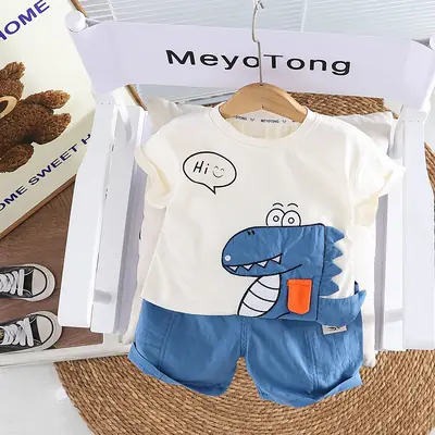 Boys Cartoon Dinosaur 2Pc Cotton Summer Suit