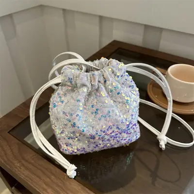 Black Sequin Drawstring Shoulder Bag for Women