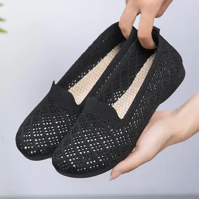 Women White Mesh Slip-On Flat Shoes with Hollow Design