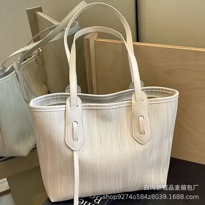 Women's Beige Ribbed Shoulder Bag Large Capacity 2026