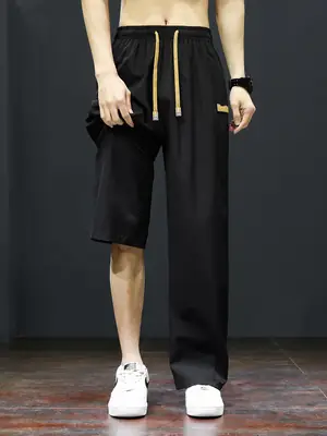 Men's Black Ice Silk Casual Shorts with Yellow Drawstring