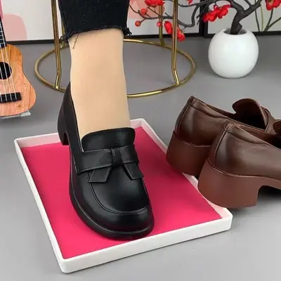 Women Leather Heeled Shoes Black Thick Mid-heel British Style
