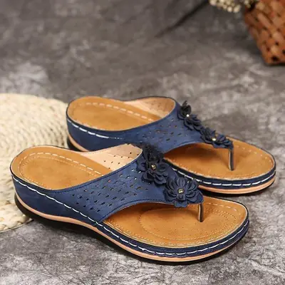 Blue Floral Flip Flops Large Casual Women's Sandals