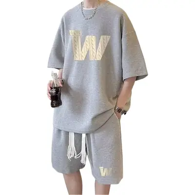 Men Waffle Print Shorts Set Cream Summer Casual
