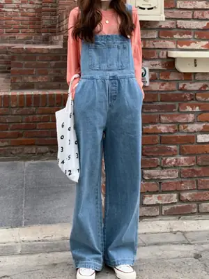 Korean Style Denim Overalls for Women 2025 Spring and Autumn High-Waisted Straight Wide-Leg Floor-Length Jumpsuit with Drape Effect Jeans