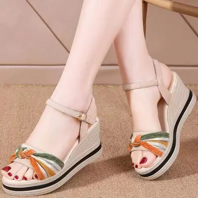 Women's Striped Buckle Wedge Sandals Summer