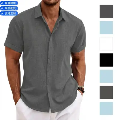 Men Cotton Linen Short Sleeve Shirt Grey Plus Size