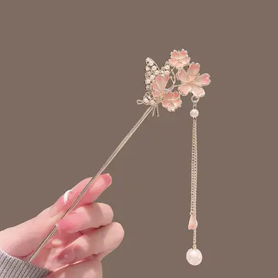 Chinese Butterfly Hairpin with Pearl Drop Antique Hanfu Style