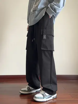 Men Black Straight Leg Cargo Pants Spring Autumn 2025