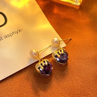 Purple Heart Pearl Earrings Copper Plated 18K True Gold