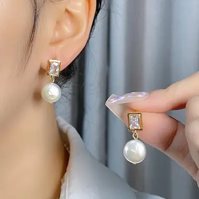 Copper Plated Pearl Earrings Gold Square Design