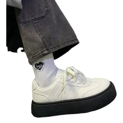Women's White Leather Skate Shoes with Thick Black Sole