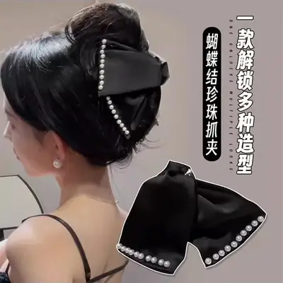 Vintage Pearl Bow Hairpin for Women High-Grade Shark Clip