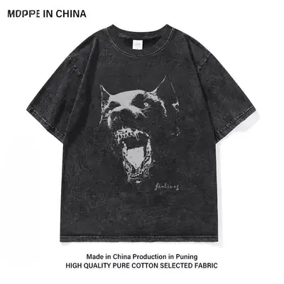 Heavy Cotton Washed Wolf Leopard Print T-Shirt for Men