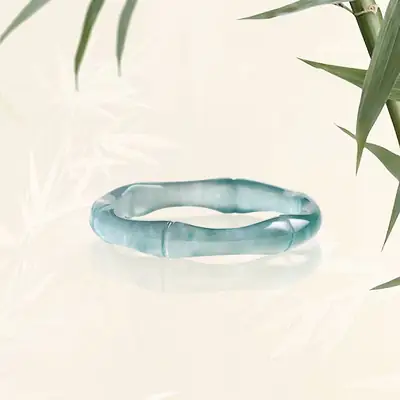 Jade Blue Water Bamboo Ring Women's 3D Carved Stone