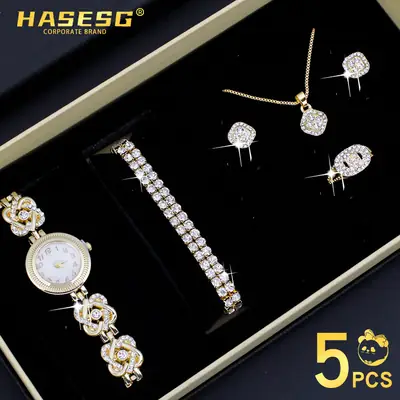 Flower Pendant Necklace Set for Women Quartz Watch Bracelet Accessories