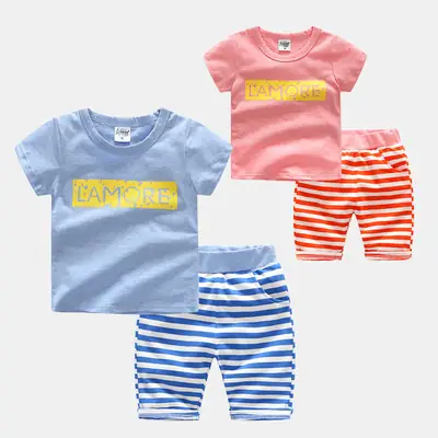 Kids Blue T-Shirt Half Sleeve Suit Summer Korean