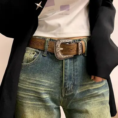 American Retro Brown Wide Belt for Women 2025
