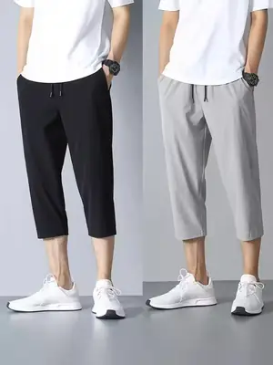 Men Ice Silk Capri Pants Grey Summer Casual